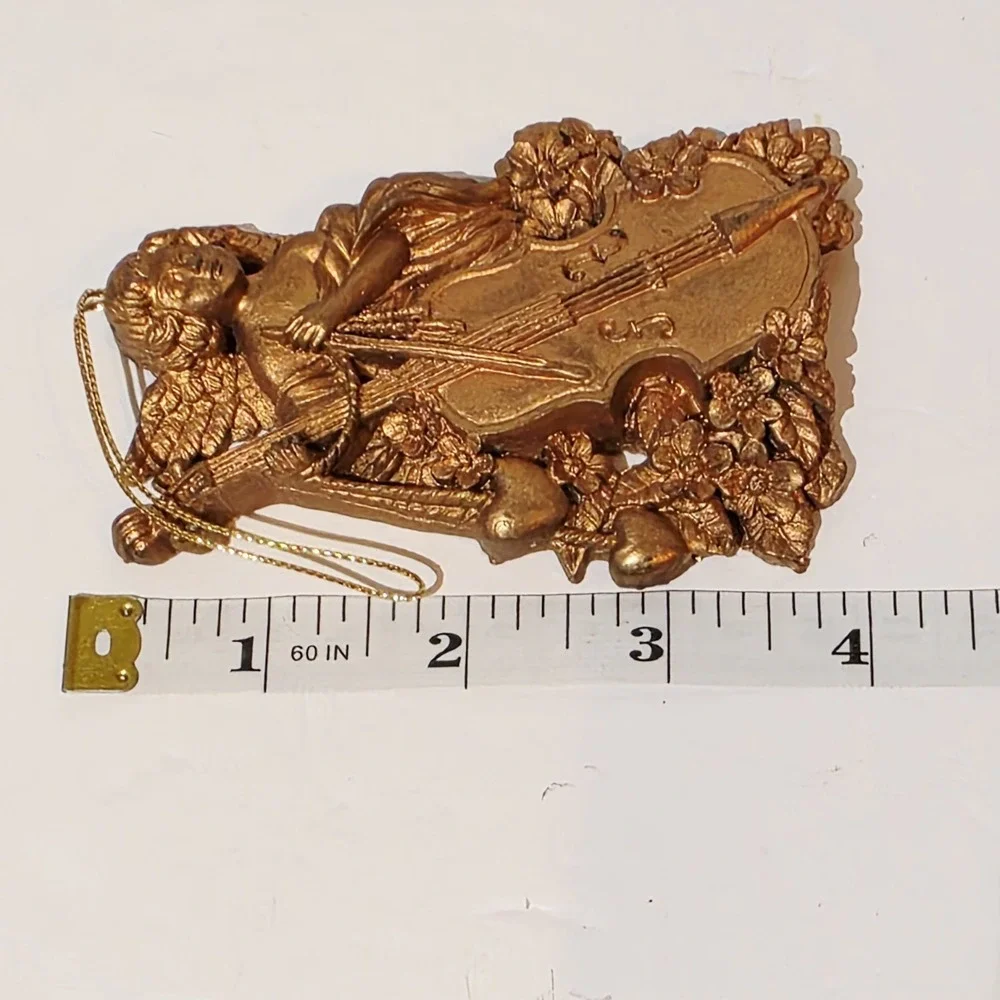 Lot of 3 Vtg Resin Plastic Angels Playing A Cello Gold Tone Christmas Ornaments